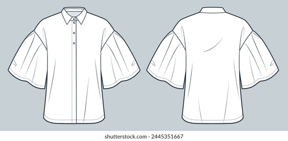 Blouse technical fashion Illustration. Flared Sleeve Shirt fashion flat technical drawing template, short sleeve, button down, front and back view, white, women CAD mockup.