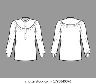 Blouse technical fashion illustration with gathered yoke, long sleeves, curved mandarin collar, relaxed shape. Flat shirt apparel template front, back, white color. Women, men unisex top CAD mockup