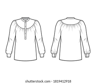 Dibujo de moda técnica de blusa con yugo reunido, mangas largas, collar de mandarina curvado, forma relajada. Plantilla de ropa de camisas planas en la parte delantera, trasera, color blanco. Mujeres, hombres unisex top CAD mockup