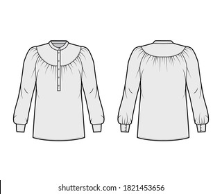 Blouse technical fashion illustration with gathered yoke, long sleeves, curved mandarin collar, relaxed shape. Flat shirt apparel template front, back, grey color. Women, men unisex top CAD mockup svg