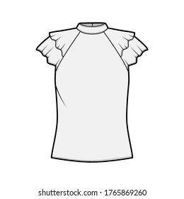 Blouse technical fashion illustration with high neckline banded collar, fluttery ruffles short sleeves, loose fitted body. Flat apparel template front grey color. Women men unisex CAD garment mockup