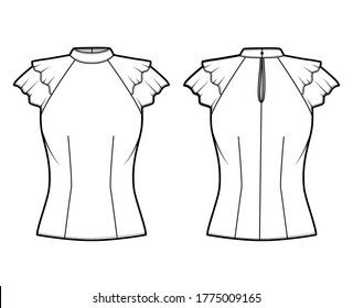 Blouse technical fashion illustration with high neckline banded collar, fluttery ruffles short sleeves, fitted body. Flat apparel template front, back white color. Women men unisex CAD garment mockup