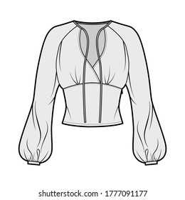 Blouse technical fashion illustration with long bishop sleeves, surplice neckline ties at front, fitted body. Flat apparel shirt template front, grey color. Women men, unisex top CAD mockup