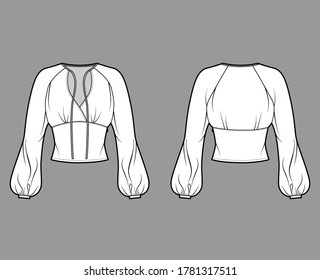 Blouse technical fashion illustration with long bishop sleeves, surplice neckline ties at front, fitted body. Flat apparel shirt template front back white color. Women men, unisex top CAD mockup