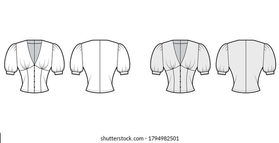 Blouse technical fashion illustration with medium puff sleeves, plunging V-neckline, slim fit, front button fastenings. Flat shirt apparel template front back white grey color. Women, men unisex top