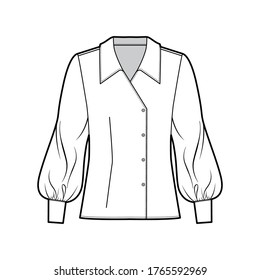 Blouse technical fashion illustration with oversized collar, body, long bishop sleeves, double breasted. Flat apparel template front white color. Women, men unisex CAD garment mockup for designer