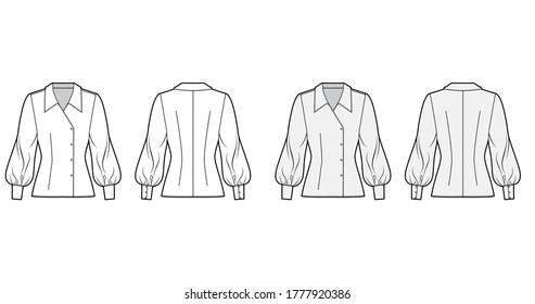 Blouse technical fashion illustration with oversized collar, long bishop sleeves, fitted body, double breasted. Flat apparel template front, back grey white color. Women, men unisex CAD garment mockup