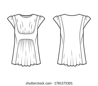 Blouse technical fashion illustration with oversized body, gathered front and back, for a pleated effect, short, cap sleeves. Flat apparel template front, back white color. Women, men, unisex mockup