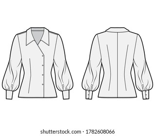 Blouse technical fashion illustration with oversized collar, long bishop sleeves, fitted body, double breasted. Flat apparel template front, back grey color. Women, men unisex CAD garment mockup