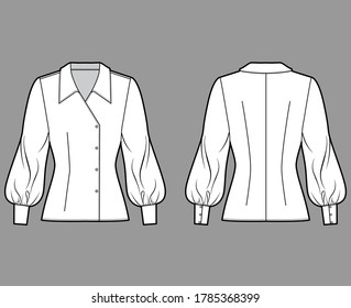 Ilustración técnica de moda de blusa con cuello sobredimensionado, mangas largas de obispo, cuerpo montado, pechos dobles. Plantilla de ropa plana frontal, color blanco trasero. Mujeres, hombres unisex maquillaje de ropa CAD