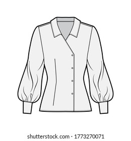 Blouse technical fashion illustration with regular collar, long bishop sleeves, fitted body, double breasted. Flat apparel template front grey color. Women, men unisex CAD garment designer mockup
