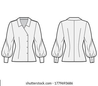 Blouse technical fashion illustration with regular collar, long bishop sleeves, fitted body, double breasted. Flat apparel template front back grey color. Women, men unisex CAD garment designer mockup