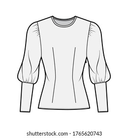 Blouse technical fashion illustration with round neckline, puffy mutton sleeves, fitted body, side zip fastening. Flat apparel template front grey color. Women, men unisex CAD garment designer mockup
