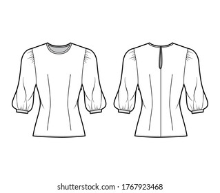 Blouse technical fashion illustration with round neckline, puffy mutton sleeves, fitted body. Flat apparel template front, back white color. Women, men unisex CAD garment designer mockup