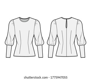 Blouse technical fashion illustration with round neckline, puffy mutton sleeves, fitted body. Flat apparel template front, back grey color. Women, men unisex CAD garment designer mockup