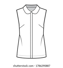 Blouse technical fashion illustration with round collar, sleeveless, loose silhouette, front button fastenings. Flat shirt apparel template front, white color. Women CAD garment mockup for designer