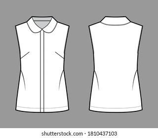 Blouse technical fashion illustration with round collar, sleeveless, loose silhouette, front button fastenings. Flat shirt apparel template front, back white color. Women, men unisex top CAD mockup