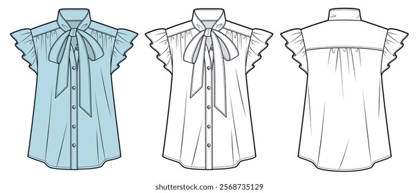 Blouse technical fashion Illustration. Ruffled Shirt fashion flat technical drawing template, buttons, bow tie neck, front and back view, white, blue, women Top CAD mockup set.