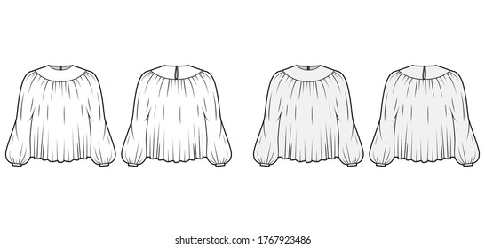 Blouse technical fashion illustration set with statement sleeves, floaty loose fit, button fastening at keyhole back. Flat apparel template front, back, grey, white color. Women, men unisex CAD mockup