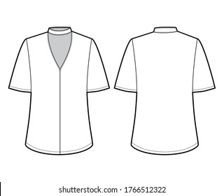 Blouse technical fashion illustration with short bell sleeves, cuff, oversized body, snap fastening choker at the neck. Flat apparel template front back white color. Women men unisex CAD mockup