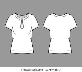 Blouse technical fashion illustration with split neckline, relaxed silhouette, wide short cap sleeves. Flat apparel shirt template front, back, white color. Women men unisex top CAD mockup
