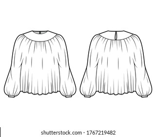 Blouse technical fashion illustration with statement sleeves, floaty loose fit, button fastening at keyhole back. Flat apparel template front, back, white color. Women, men unisex CAD mockup