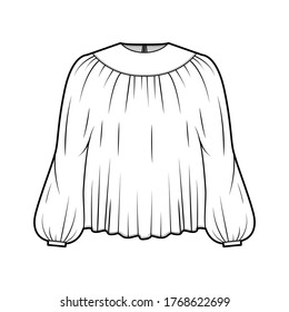 Blouse technical fashion illustration with statement sleeves, floaty loose fit, button fastening at keyhole back. Flat apparel template front, white color. Women, men unisex CAD mockup