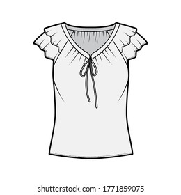 Blouse technical fashion illustration with ties at the V neckline, fluttery ruffles short sleeves, loose fitted body. Flat apparel template front grey color. Women men unisex CAD garment mockup