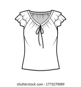 Blouse technical fashion illustration with ties at the V neckline, fluttery ruffles short sleeves, loose fitted body. Flat apparel template front white color. Women men unisex CAD garment mockup