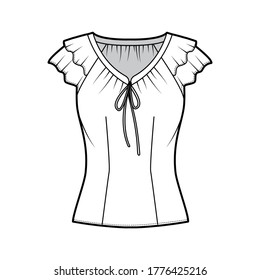 Blouse technical fashion illustration with ties at the V neckline, fluttery ruffles short sleeves, fitted body. Flat apparel template front white color. Women, men, unisex CAD garment mockup
