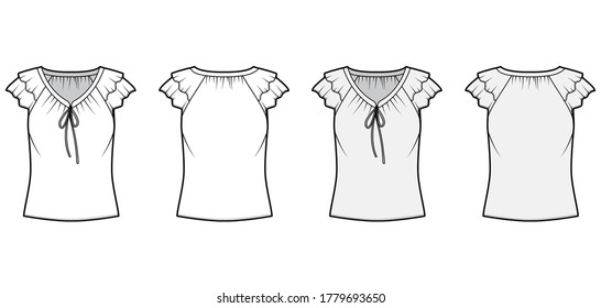 Blouse technical fashion illustration with ties at the V neckline, fluttery ruffles short sleeves, loose fitted body. Flat apparel template front grey color. Women men unisex CAD garment mockup