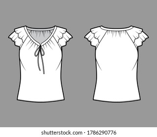 Blouse technical fashion illustration with ties at the V neckline, fluttery ruffles short sleeves, loose fitted body. Flat apparel template front, back white color. Women CAD garment mockup for designer