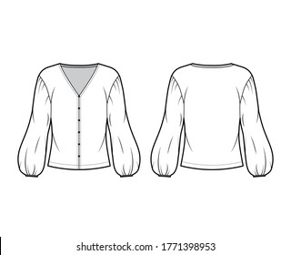 Blouse technical fashion illustration with V neck, dropped voluminous sleeves, oversized body. Flat apparel shirt template front, back, white color. Women men and unisex top CAD mockup