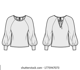 Blouse technical fashion illustration with wide round neck, exaggerated balloon raglan sleeves. sleeves, ties at back. Flat apparel shirt template front, back, grey color. Women men unisex top CAD