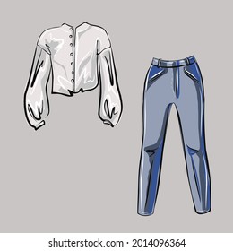 Blouse and trousers, jeans. Part of a basic wardrobe set. Clothing store, fashion. Isolated vector objects.