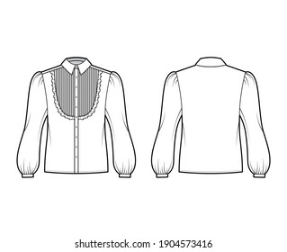 Blouse tuxedo technical fashion illustration with long bouffant sleeves, classic collar, pintucked bib, oversized. Flat apparel shirt top template front, back, white color. Women men unisex CAD mockup