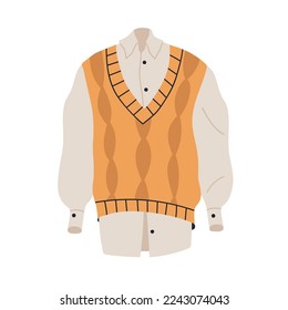 Blouse under knitted vest, warm wool waistcoat. Women shirt with and knitwear layer for cold season, winter, fall. Female clothes, apparel. Flat vector illustration isolated on white background