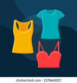 Blouses flat concept vector icon. Womens fashion idea cartoon color illustrations set. T-shirt, sleeveless shirt, crop top. Casual style. Summer clothes. Sport outfit. Isolated graphic design element