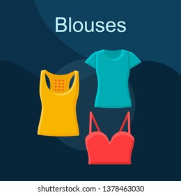 Blouses flat concept vector icon. Womens fashion idea cartoon color illustrations set. T-shirt, sleeveless shirt, crop top. Casual style. Summer clothes. Sport outfit. Isolated graphic design element