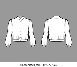 Blouson blouse technical fashion illustration with bouffant long sleeves, classic shirt neck, oversized, button up. Flat apparel top template front, back, white color. Women, men unisex CAD mockup