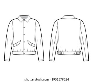 Blouson jacket technical fashion illustration with classic collar, oversized, long sleeves, flap pockets, snap fastening. Flat coat template front, back white color. Women men unisex top CAD mockup