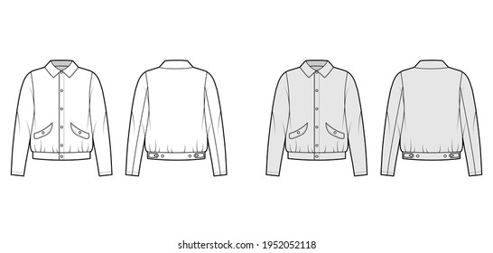 Blouson jacket technical fashion illustration with classic collar, oversized, long sleeves, flap pockets, snap. Flat coat template front, back white, grey color. Women men unisex top CAD mockup