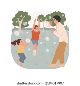 Blow bubbles isolated cartoon vector illustration. Parent blows bubbles, children running and catching, outdoor fun activity, family leisure time, playing outside with kids vector cartoon.