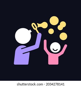 Blow bubbles together RGB color icon for dark theme. Parent-child bond. Spending time at park. Isolated vector illustration on night mode background. Simple filled line drawing on black