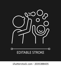 Blow bubbles together white linear icon for dark theme. Parent-child bond. Outdoor activity. Thin line customizable illustration. Isolated vector contour symbol for night mode. Editable stroke