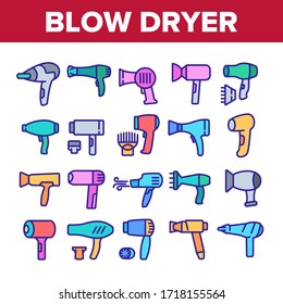 Blow Dryer Device Collection Icons Set Vector. Hair Dryer With Different Nozzles Electronic Equipment, Hairdresser Blower Tool Concept Linear Pictograms. Color Illustrations