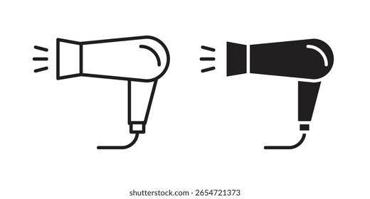 Icono de secador de pelo. Versiones planas y de trazo. Elementos gráficos.