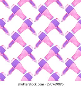 Blow dryer. Seamless pattern with hairdryer. Hand-drawn background. Vector illustration. Real watercolor drawing