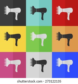 Blow dryer vector icon - colored set. Flat design
