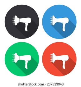 blow dryer vector icon - colored(gray, blue, green, red) round buttons with long shadow